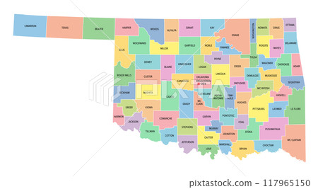Oklahoma, U.S. state, subdivided into 77 counties, multi colored political map with capital Oklahoma City, borders and county names. State in the South Central region of United States. Native America. 117965150