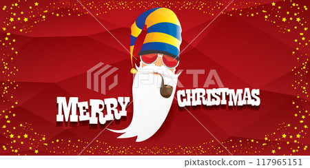 vector bad rock n roll dj santa claus with smoking pipe, beard and greeting calligraphic text on red horizontal banner background with stars. Red Christmas party hipster horizontal poster background vector bad rock n roll dj santa claus with smoking pipe, beard and greeting calligraphic text on red horizontal banner background with stars. Red Christmas party hipster horizontal poster background 117965151