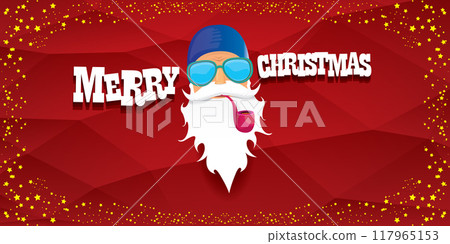 vector bad rock n roll dj santa claus with smoking pipe, beard and greeting calligraphic text on red horizontal banner background with stars. Red Christmas party hipster horizontal poster background vector bad rock n roll dj santa claus with smoking pipe, beard and greeting calligraphic text on red horizontal banner background with stars. Red Christmas party hipster horizontal poster background 117965153