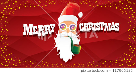 vector bad rock n roll dj santa claus with smoking pipe, beard and greeting calligraphic text on red horizontal banner background with stars. Red Christmas party hipster horizontal poster background 117965155