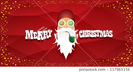 vector bad rock n roll dj santa claus with smoking pipe, beard and greeting calligraphic text on red horizontal banner background with stars. Red Christmas party hipster horizontal poster background 117965156