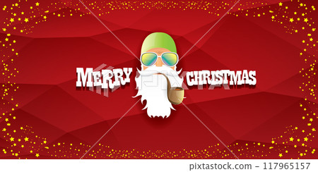 vector bad rock n roll dj santa claus with smoking pipe, beard and greeting calligraphic text on red horizontal banner background with stars. Red Christmas party hipster horizontal poster background 117965157
