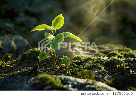 A new small tree sprout growing in the morning light. Environmental protection concept. Generative AI 117965160