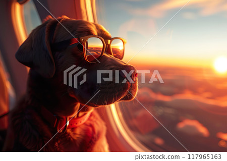 Dog wiyh sunglasses on an airplane near the window with a beautiful sunrise sky landscape. Travel and vacation concept. Generative AI 117965163