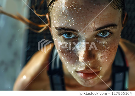 Fitness female in gym sweating from sports exercise. Portrait close up of sportive beautiful woman with drops of sweat on his face. Generative AI 117965164