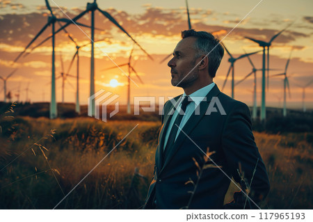 Successful businessman in a suit stands in a field of wind turbines. The man is looking off into the distance. Alternative energy sources concept. Generative AI Successful businessman in a suit stands in a field of wind turbines. The man is looking off into the distance. Alternative energy sources concept. Generative AI 117965193