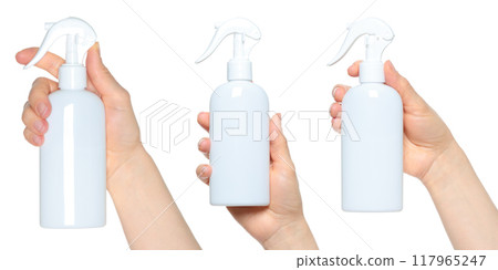 Set of Hands which holding the White Water Spray, isolated on transparent background, template for 117965247