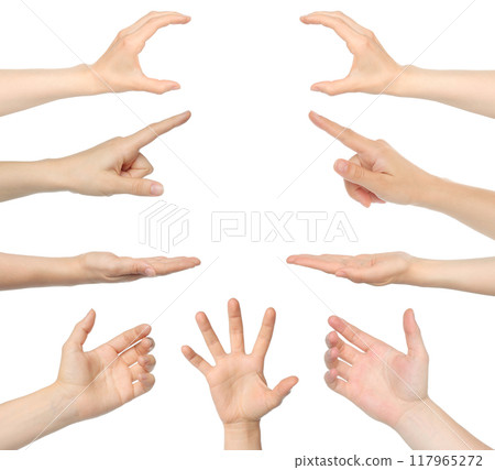 Set of Hands with different gestures, isolated on transparent background 117965272