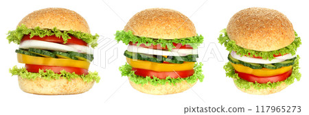 Set of various views and projections of Vegan Hamburger, isolated on transparent background, healthy 117965273