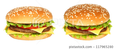 Set of various views and projections of Hamburger, isolated on transparent background, fast food Set of various views and projections of Hamburger, isolated on transparent background, fast food 117965280