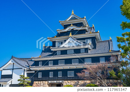 Okayama City: Okayama Castle tower shining against the blue sky 117965347