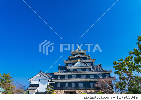 Okayama City: Okayama Castle tower shining against the blue sky 117965349