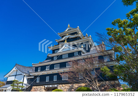 岡山市,岡山城塔在藍天的襯托下熠熠生輝 岡山市,岡山城塔在藍天的襯托下熠熠生輝 117965352