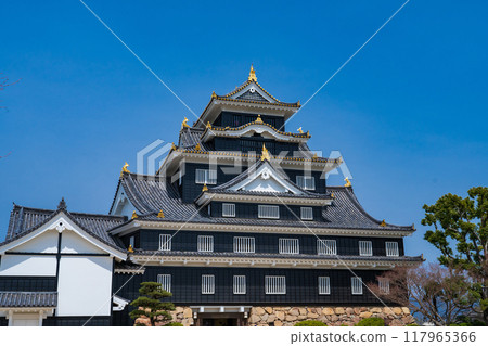 Okayama City: Okayama Castle tower shining against the blue sky 117965366