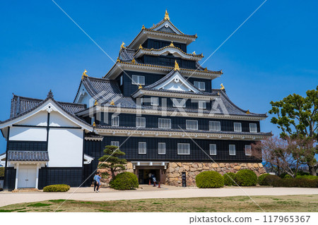 Okayama City: Okayama Castle tower shining against the blue sky 117965367