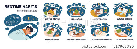 Sleep hygiene vector illustration set. Bedtime habits collection, relaxation tips, healthy night routines. Flat cartoon people in cozy bedrooms. Sleeping environment, organic bedding materials 117965380