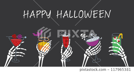 Happy Halloween banner with lettering, spooky vector illustrations of skeleton hands holding colorful cocktails. Halloween party invitation or decoration. Flat cartoon elements on dark background Happy Halloween banner with lettering, spooky vector illustrations of skeleton hands holding colorful cocktails. Halloween party invitation or decoration. Flat cartoon elements on dark background 117965381