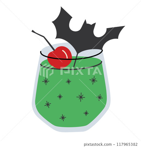 Vector illustration of Halloween cocktail garnished with spooky bat, shimmering punch with cherry, festive sangria drink for horror themed parties, mysterious green beverage, seasonal autumn menu 117965382
