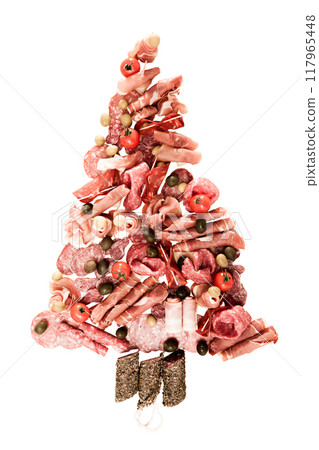 Christmas tree made of sausage on a background of a wooden wall Christmas tree made of sausage on a background of a wooden wall 117965448