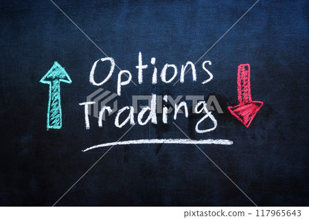 Chalkboard with options trading written in chalk. Financial education and investment strategies. 117965643