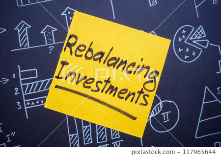 Business charts and a sticky note with rebalancing investments. Financial strategy and portfolio management. 117965644