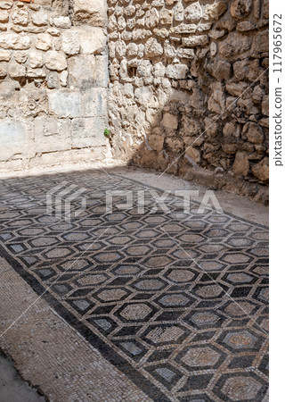 Ancient Roman mosaics at the Historical Complex of the Palace of Diocletian, UNESCO world heritage site in Split, Croatia 117965672