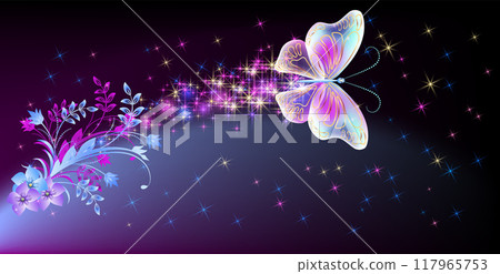Magic butterfly with fantasy sparkle and blazing trail and stars on night sky background 117965753