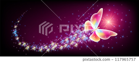 Magic butterfly with sparkle trail flying in night sky among glowing stars in cosmic space. Animal protection day concept. Magic butterfly with sparkle trail flying in night sky among glowing stars in cosmic space. Animal protection day concept. 117965757