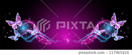 Fantasy banner with flying butterflies, fantastic transparent curving waves and magical glowing stars on black purple background Fantasy banner with flying butterflies, fantastic transparent curving waves and magical glowing stars on black purple background 117965828