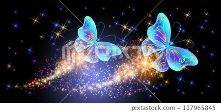 Flying delightful magical butterflies with sparkle and blazing trail in night sky. Love and romance concept. 117965845