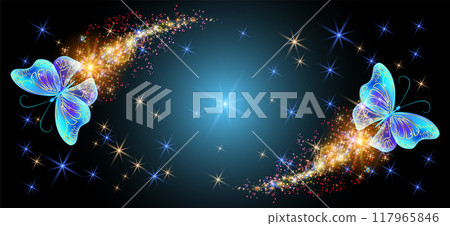 Flying delightful magical butterflies with sparkle and blazing trail in night sky. Love and romance concept. 117965846