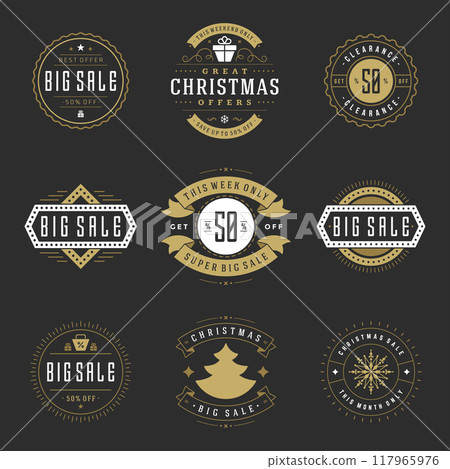Christmas sale labels and badges with text typographic decoration design vector vintage style set Christmas sale labels and badges with text typographic decoration design vector vintage style set 117965976