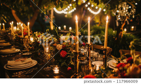 decorated greenhouse in trendy wedding setting with dinner table, candles and candle lights decorated greenhouse in trendy wedding setting with dinner table, candles and candle lights 117966009