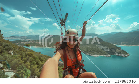 tourist woman on a zip line take selfie tourist woman on a zip line take selfie 117966010