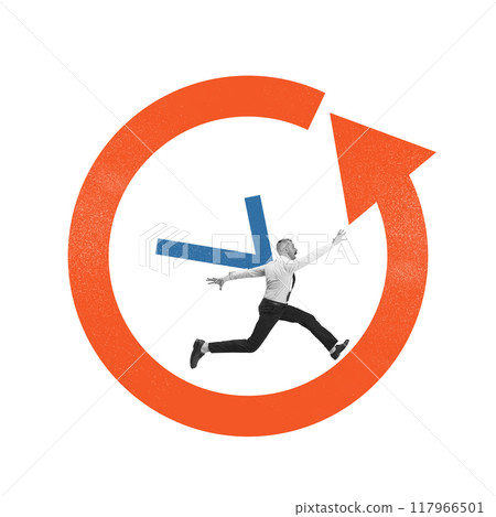 Poster. Contemporary art collage. Man running within clock arrow embodies endurance and persistence in business. 117966501
