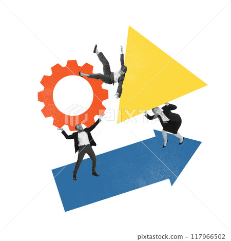 Poster. Contemporary art collage. Businesspeople interacting with geometric shapes illustrate dynamic processes driving business forward. 117966502
