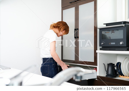 女人打開櫥櫃，家庭主婦，家務，烹飪，清理 117966565