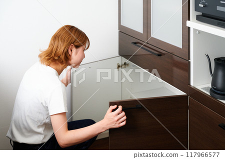 Woman opening cupboard, housewife, housework, cooking, cleaning up Woman opening cupboard, housewife, housework, cooking, cleaning up 117966577