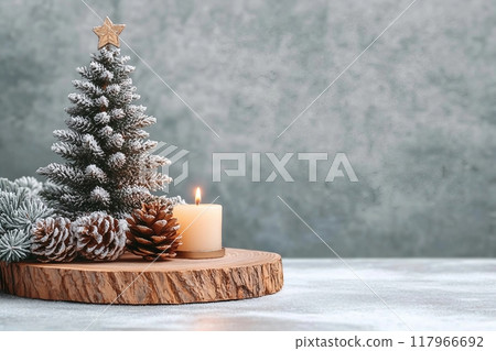 Christmas tree miniature, candle and pine cone on wooden board, mini tabletop decor. Christmas web banner, copy space 117966692