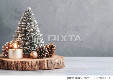 Christmas tree miniature, candle and pine cone on wooden board, mini tabletop decor. Christmas web banner, copy space 117966693