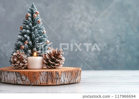 Christmas tree miniature, candle and pine cone on wooden board, mini tabletop decor. Christmas web banner, copy space 117966694