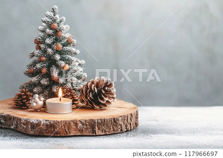Christmas tree miniature, candle and pine cone on wooden board, mini tabletop decor. Christmas web banner, copy space 117966697