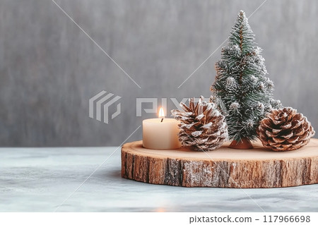 Christmas tree miniature, candle and pine cone on wooden board, mini tabletop decor. Christmas web banner, copy space Christmas tree miniature, candle and pine cone on wooden board, mini tabletop decor. Christmas web banner, copy space 117966698