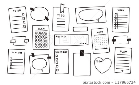 Simple sticky note set. Memo doodle. Blank square sheets of notepaper. A variety of paper stickers. Hand drawn isolated 117966724
