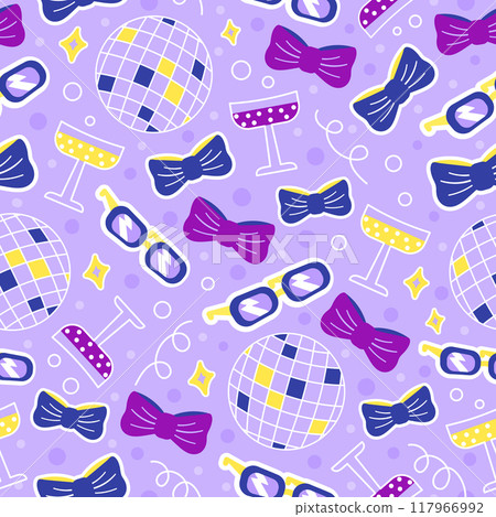 Disco party seamless pattern for print or design on light purple background Disco party seamless pattern for print or design on light purple background 117966992