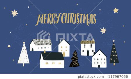 Winter town Christmas greeting card design, doodle houses and blue starry sky background 117967066