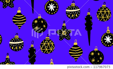 Dark Christmas decorations pattern, ball and baubles on blue backhground, seamless texture for wrapping paper 117967073