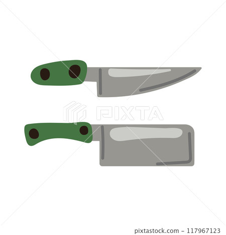 Kitchen knives featuring a chef knife and with green handles. Simple, clean design perfect for culinary themes, kitchenware, and food preparation visuals. Vector illustration isolated on a white. 117967123