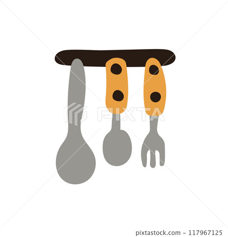 Kitchen utensils hanging on a rack, including a spoon, fork with yellow handles in flat style. Ideal for kitchen design, culinary themes, and home decor. Vector illustration isolated on a white. 117967125