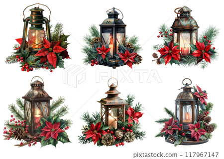 Six Christmas Lanterns with Poinsettias, Pine, and Berries Six Christmas Lanterns with Poinsettias, Pine, and Berries 117967147
